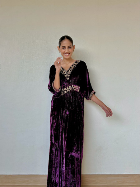Dark Purple Velvet Kaftan Drape Dress