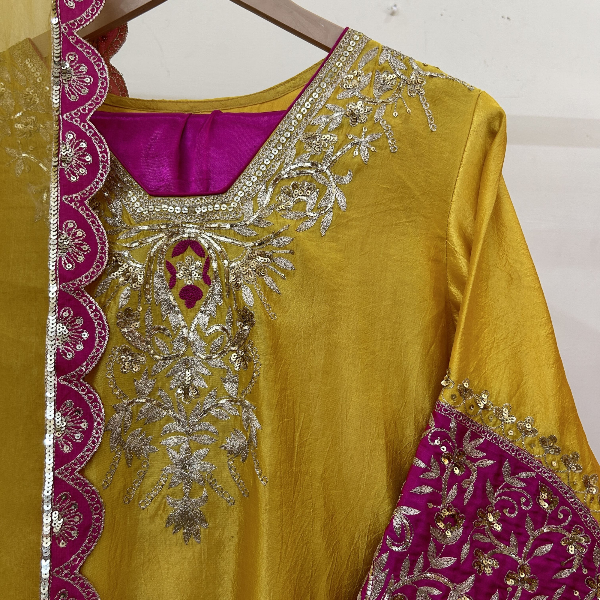 Yellow Magenta Vintage Aari Taari Work Suit