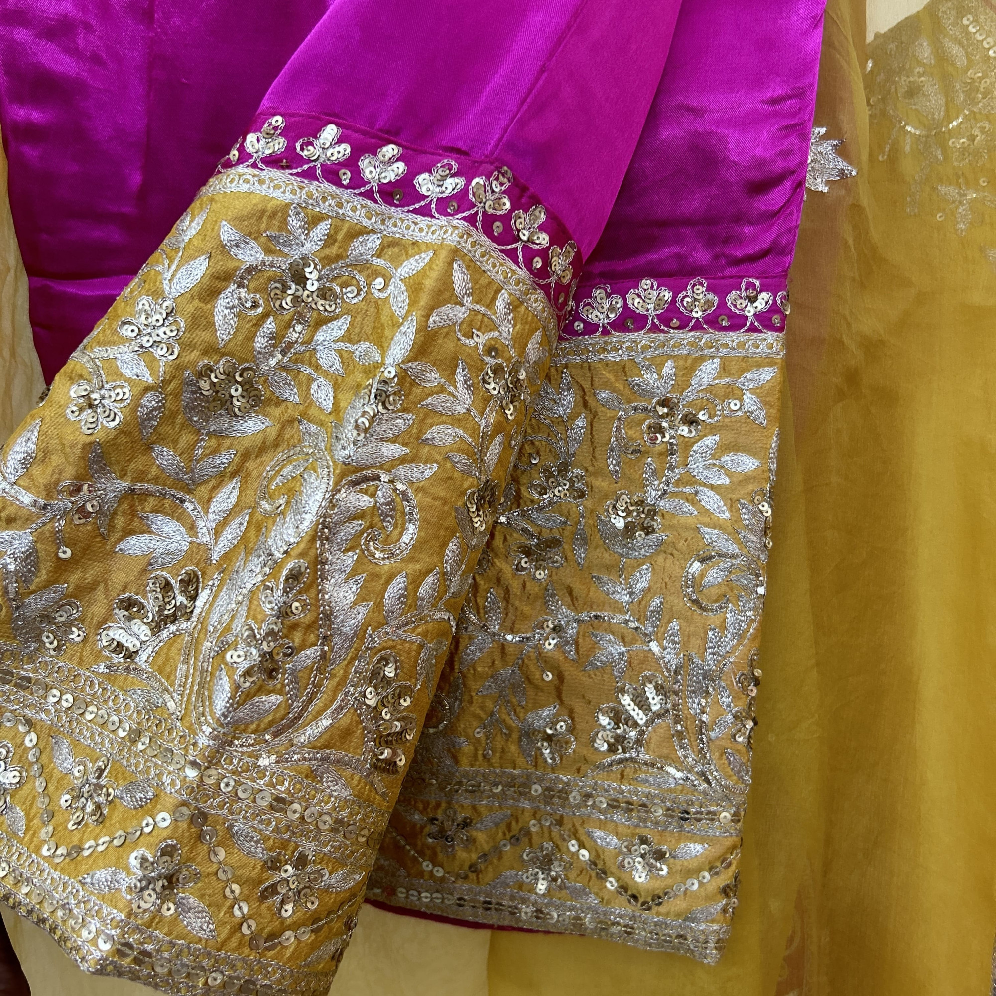 Yellow Magenta Vintage Aari Taari Work Suit