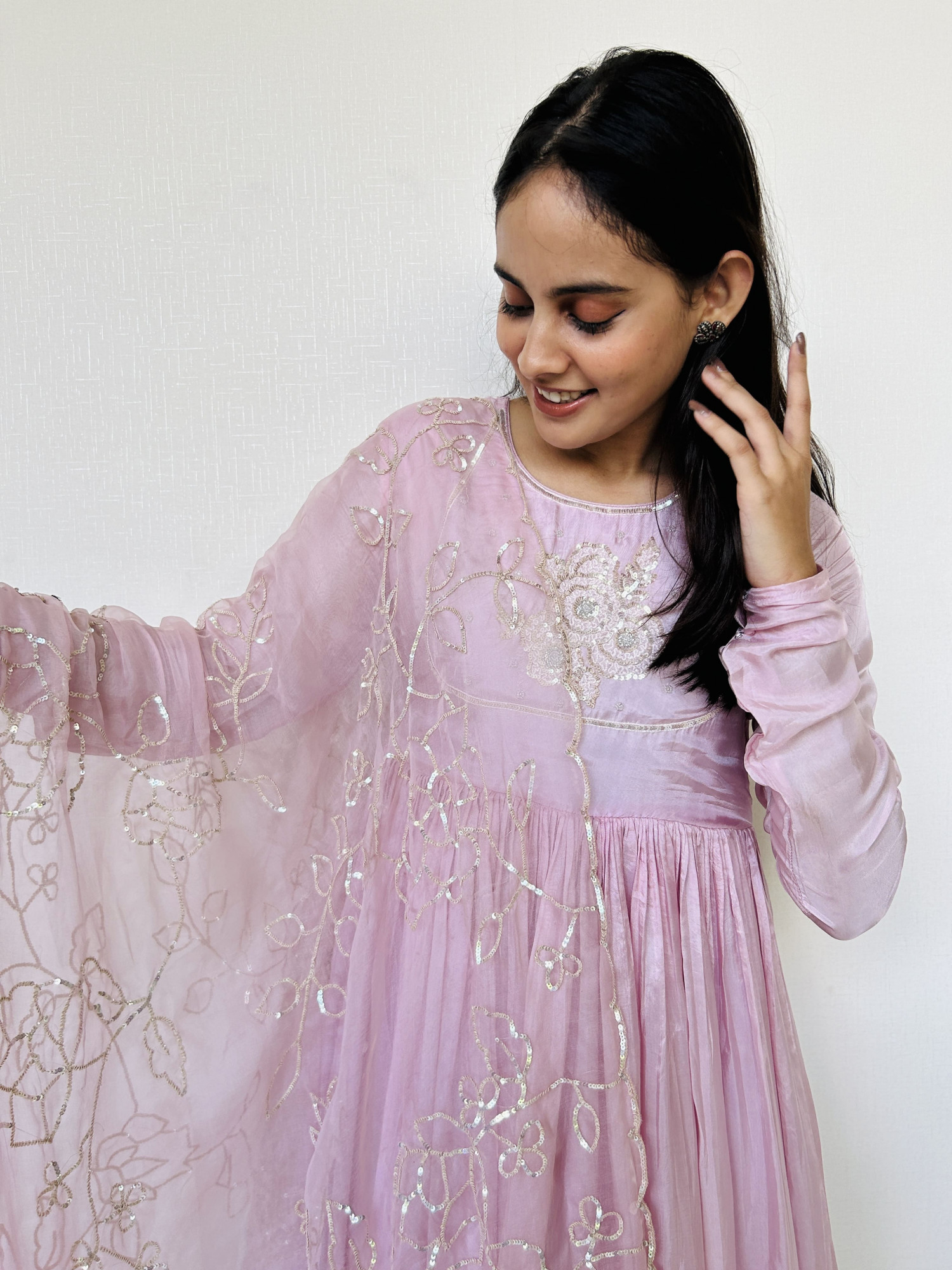 Pink Gathered Sequins Embroidered Suit Set