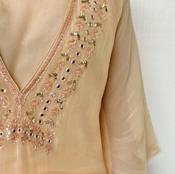 Peach Contemporary Crop Top with Flared Pants and Sheer Kurta