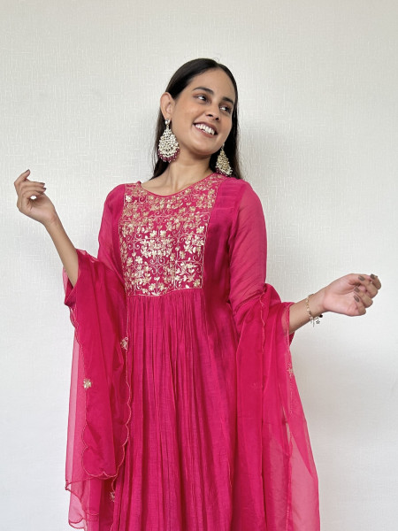 Cherry Red Mul Chanderi Suit Set