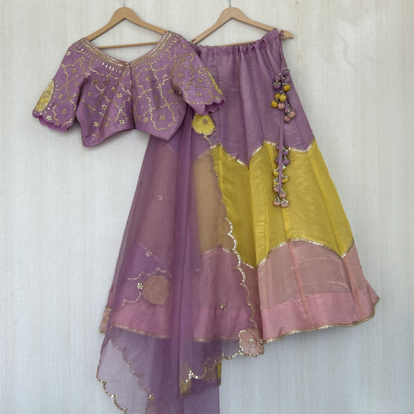 Purple Color Blocked Pastel Lehenga
