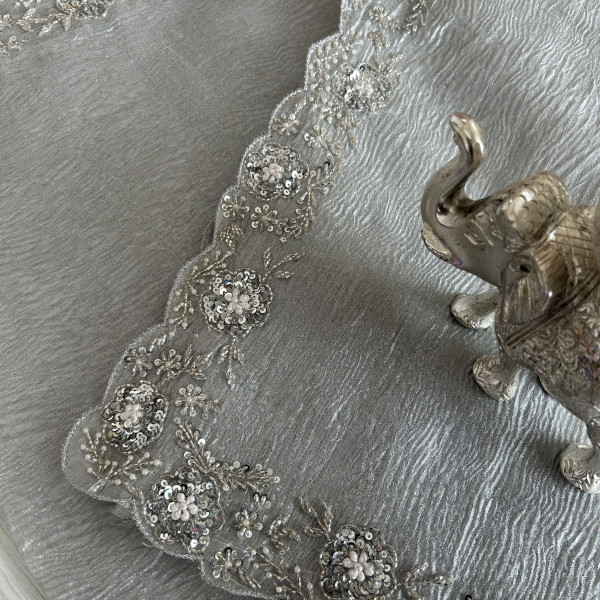 Cutwork Crushed Tissue Silver Saree