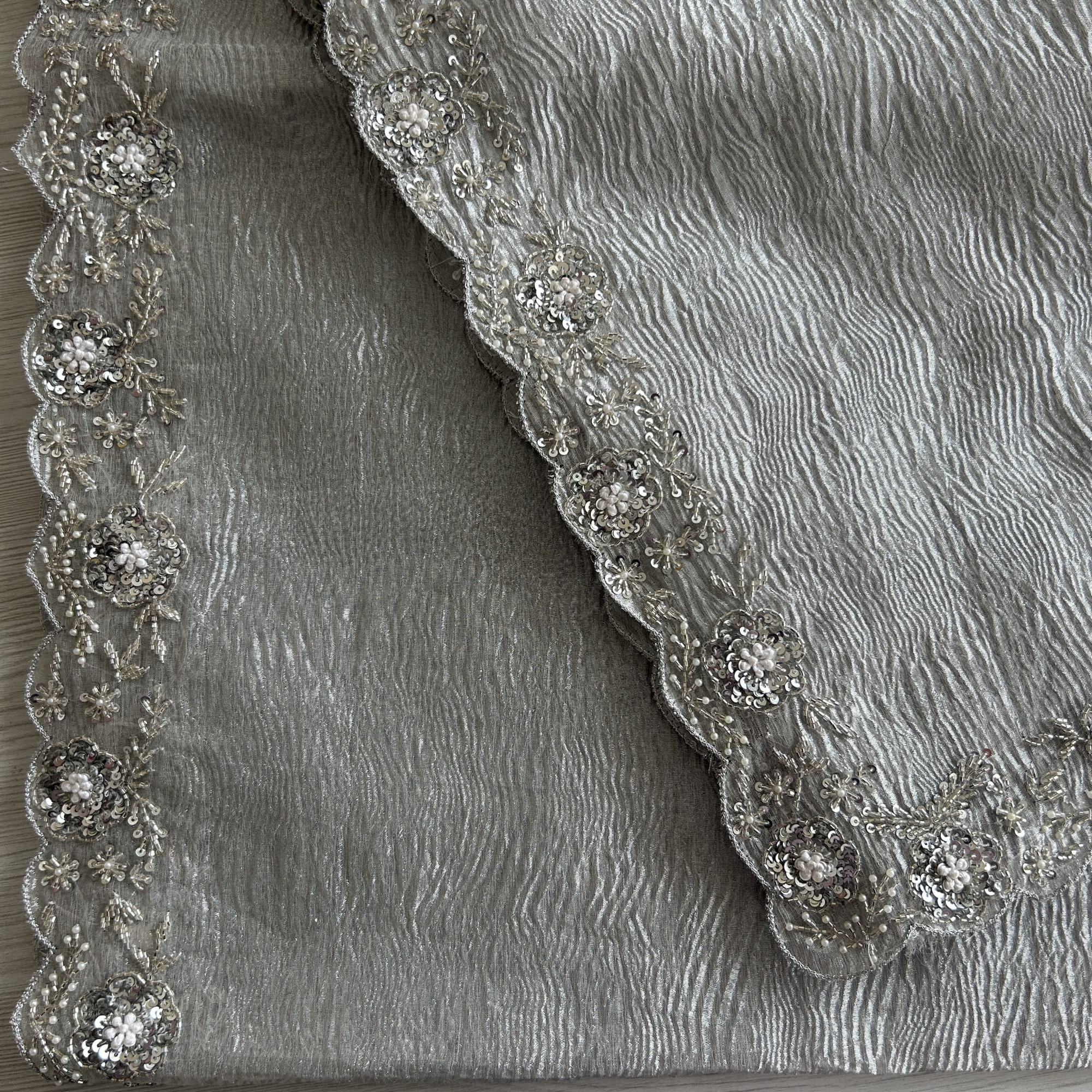 Cutwork Crushed Tissue Silver Saree