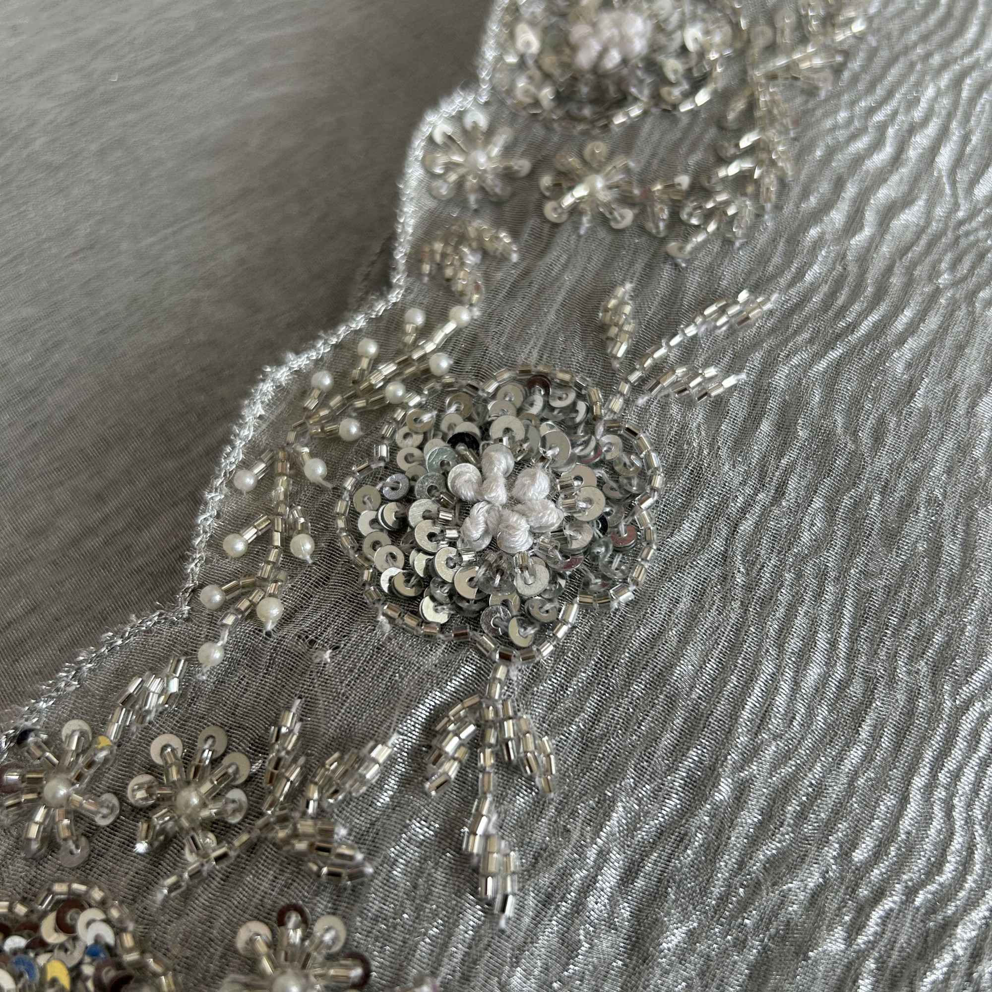 Cutwork Crushed Tissue Silver Saree