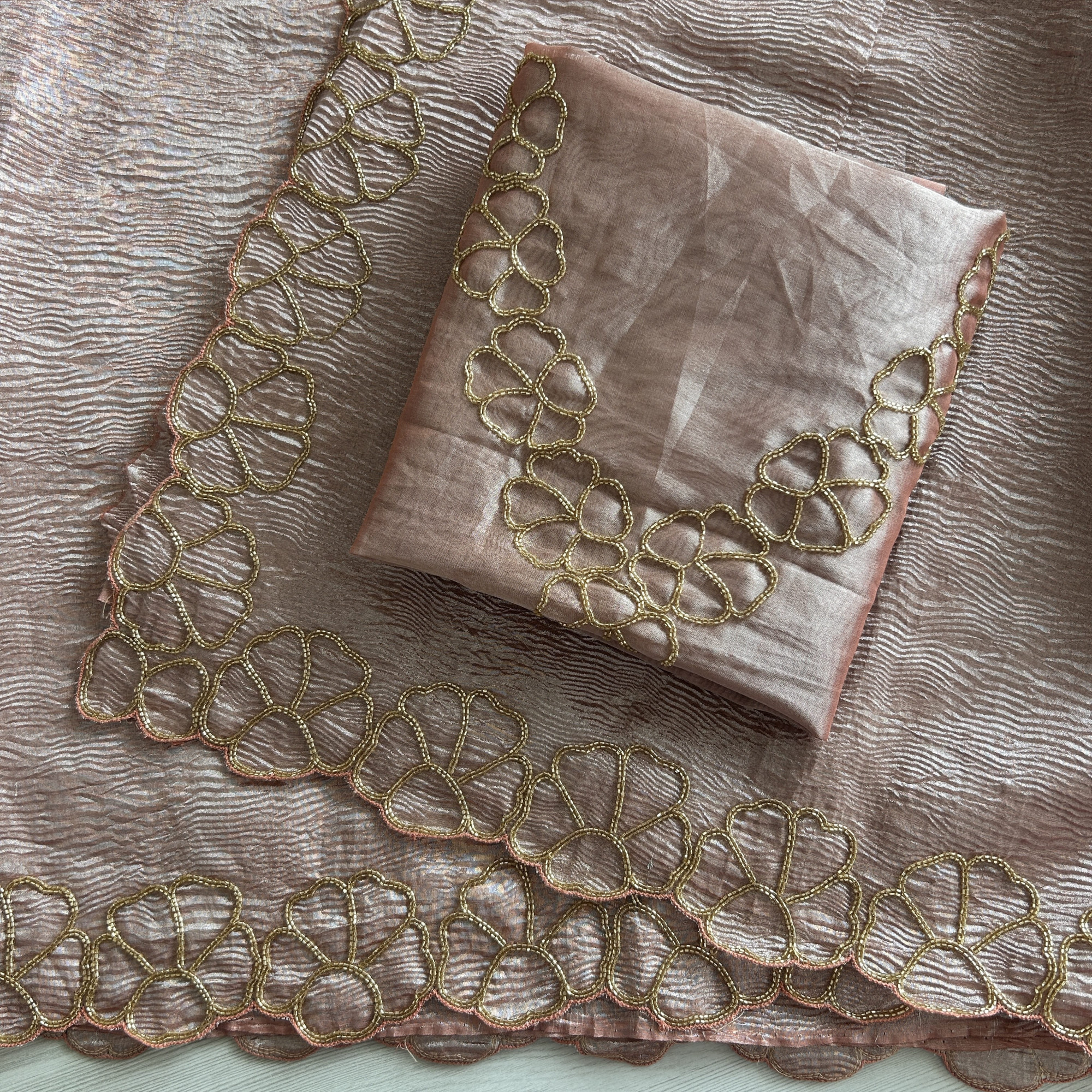 Rose Gold Cutdana Work Tissue Saree
