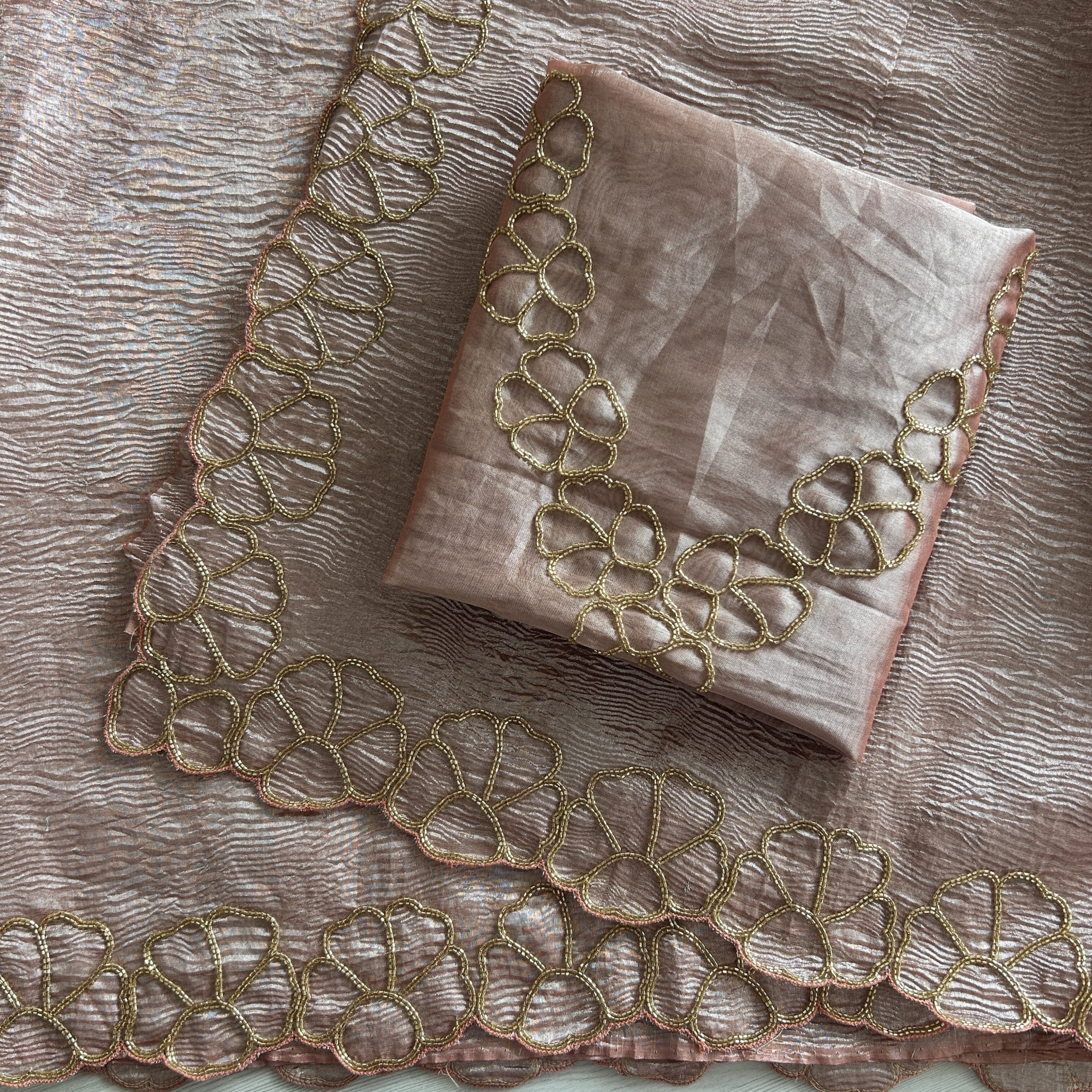 Rose Gold Cutdana Work Tissue Saree