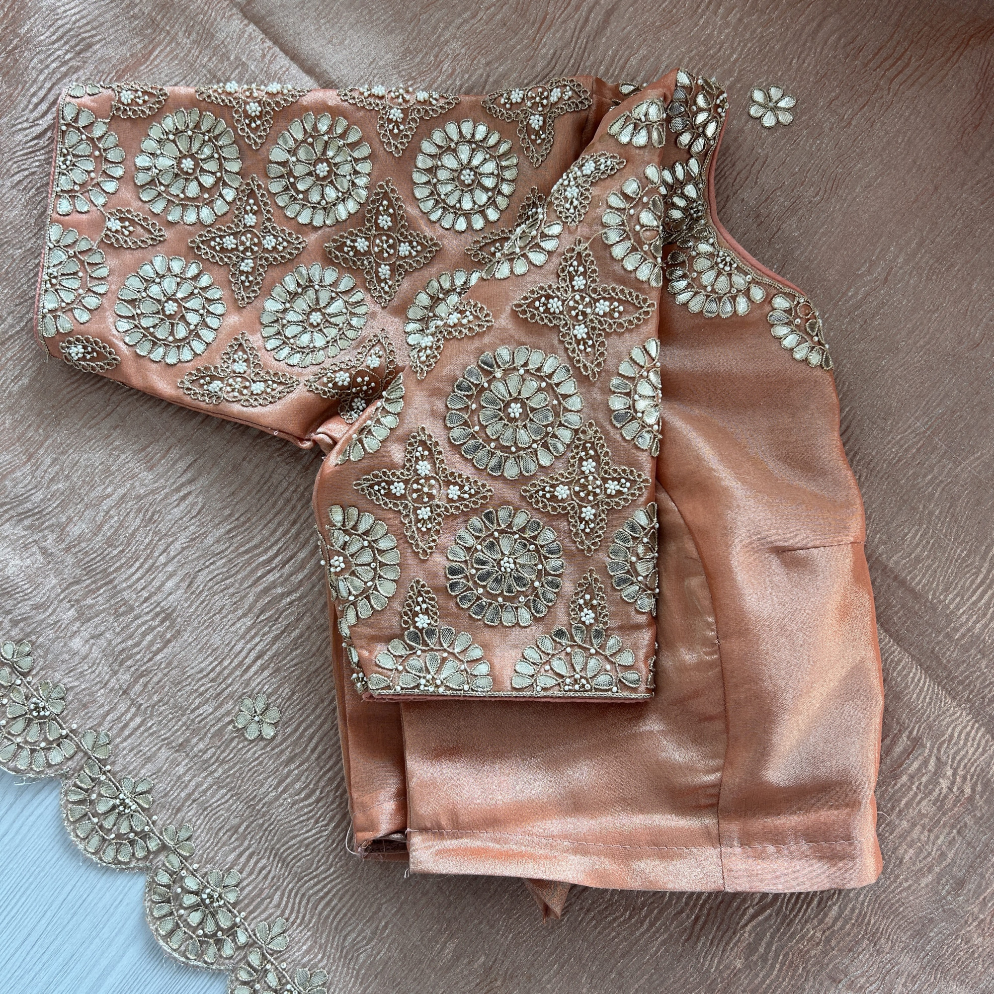 Peach Tissue Gotapatti Scallop Work Saree