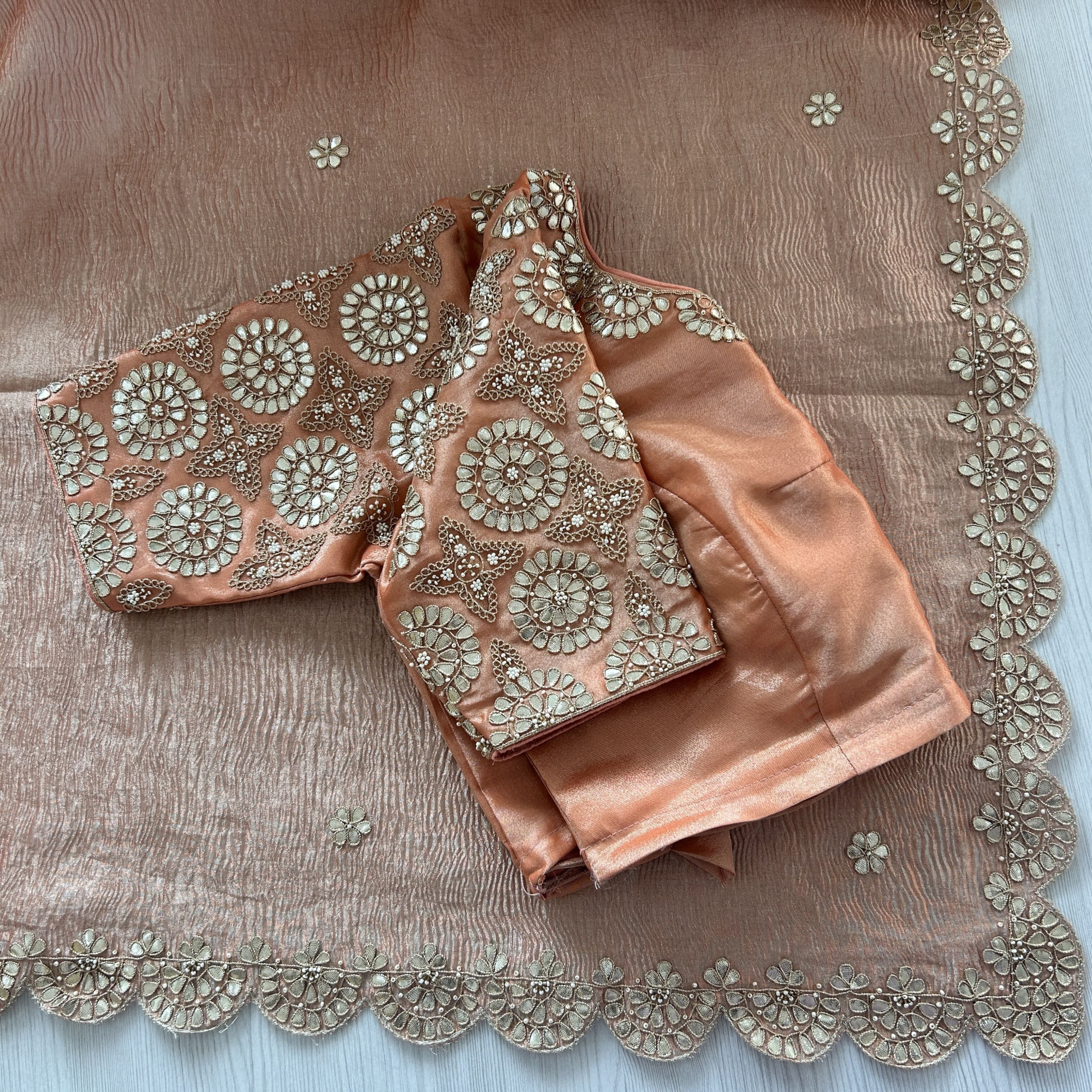 Peach Tissue Gotapatti Scallop Work Saree