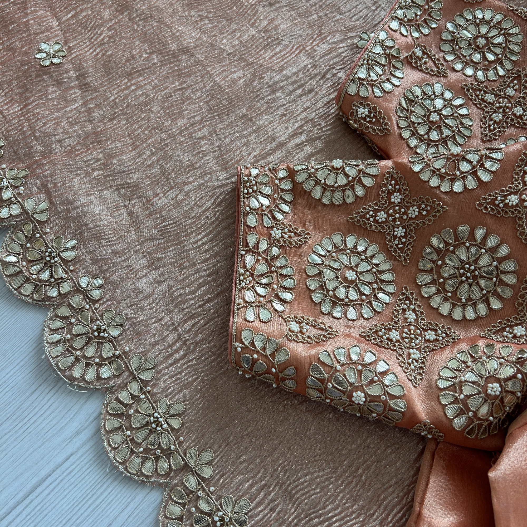Peach Tissue Gotapatti Scallop Work Saree