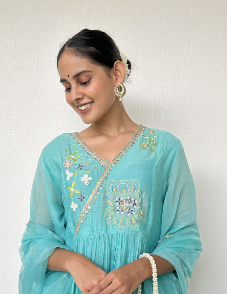 Bright Sky Blue Mul Chanderi Kurta Set