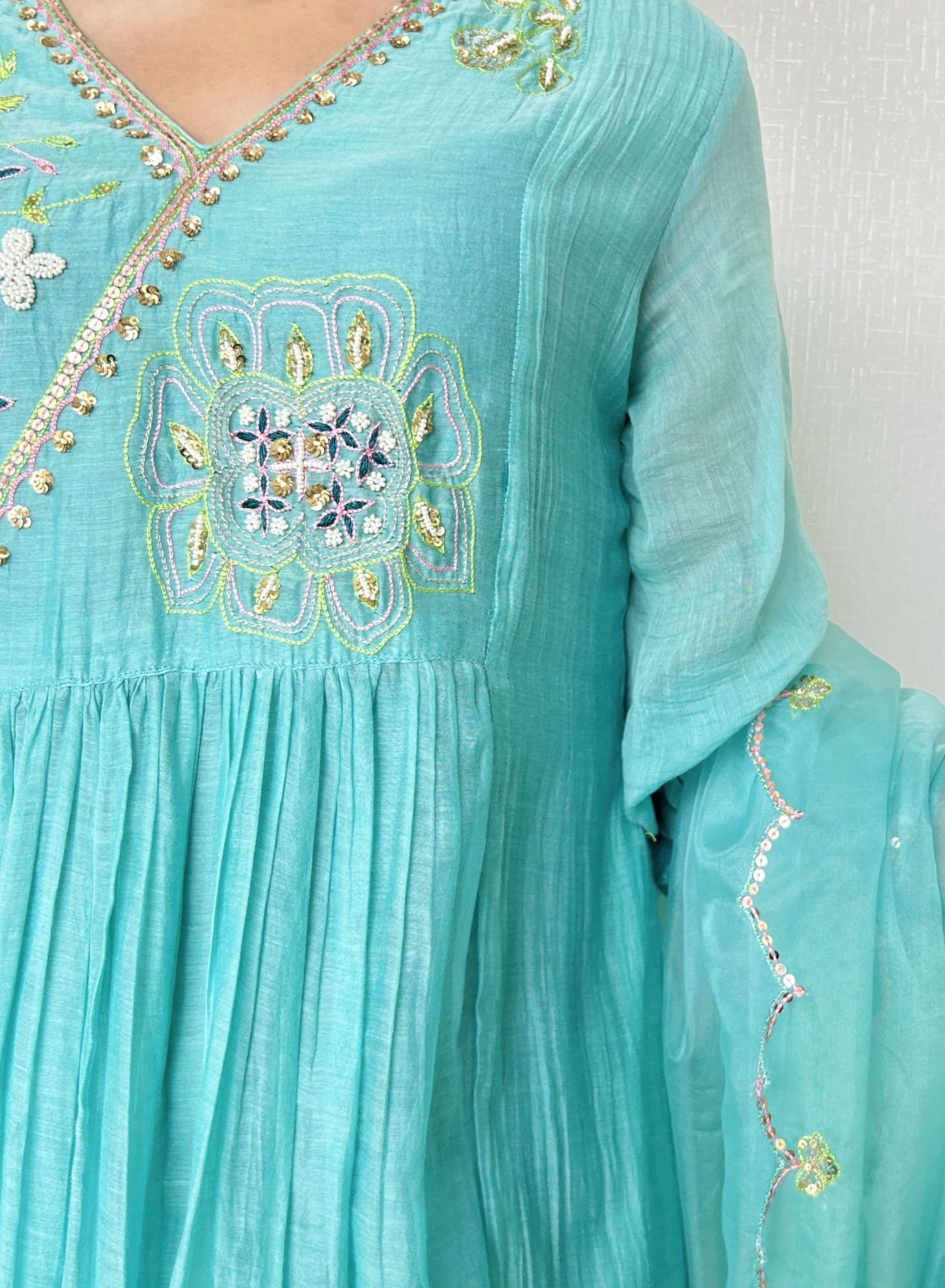 Bright Sky Blue Mul Chanderi Kurta Set