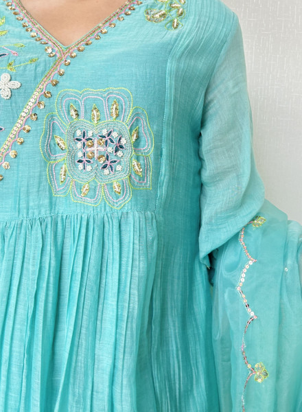 Bright Sky Blue Mul Chanderi Kurta Set
