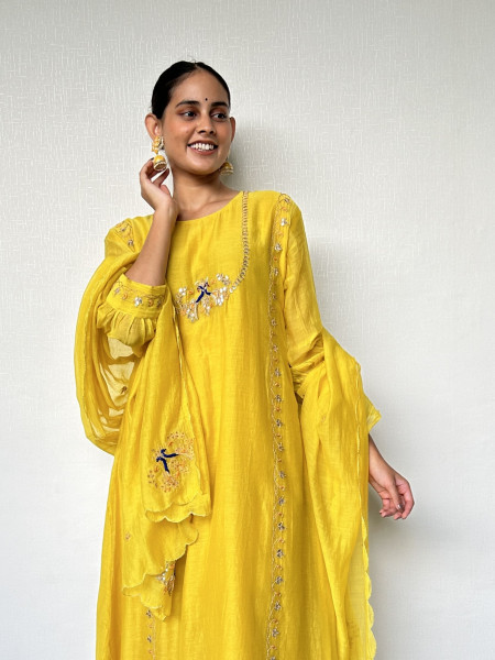 Bright Yellow Suit Set with Peacock Embroidery