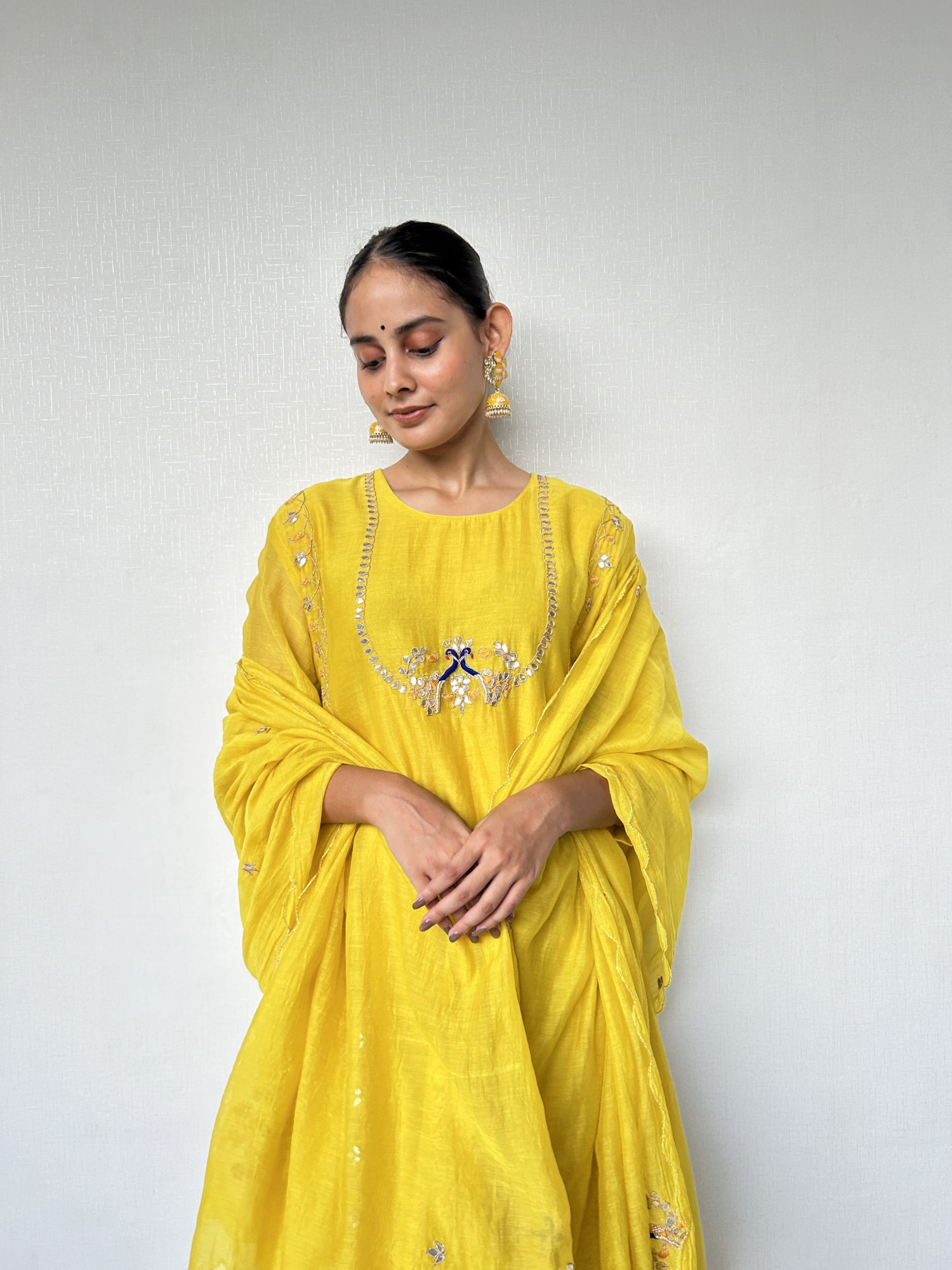 Bright Yellow Suit Set with Peacock Embroidery