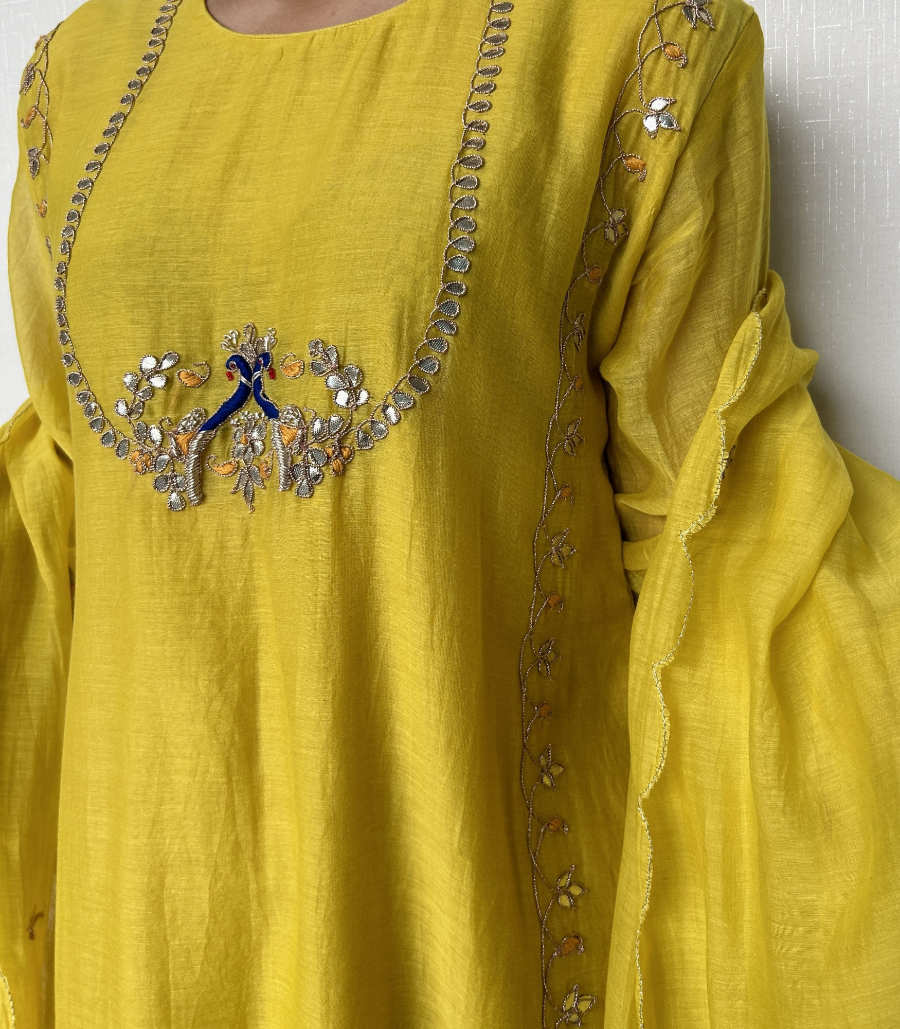 Bright Yellow Suit Set with Peacock Embroidery
