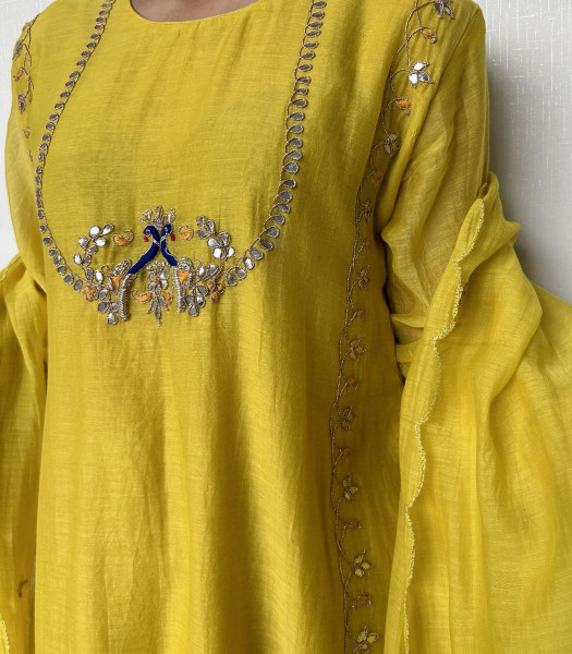 Bright Yellow Suit Set with Peacock Embroidery