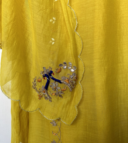 Bright Yellow Suit Set with Peacock Embroidery