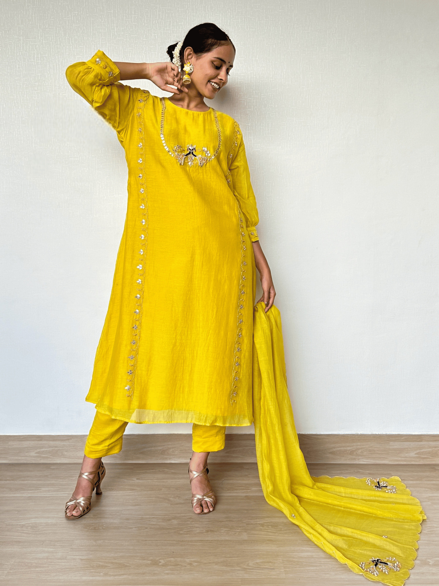 Bright Yellow Suit Set with Peacock Embroidery