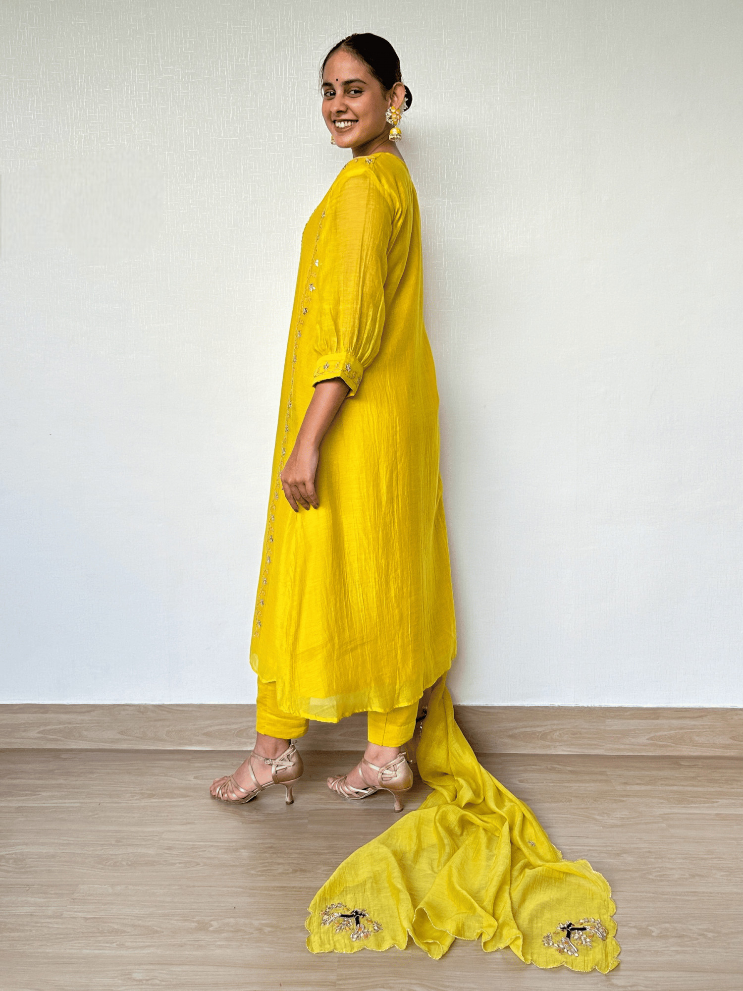Bright Yellow Suit Set with Peacock Embroidery