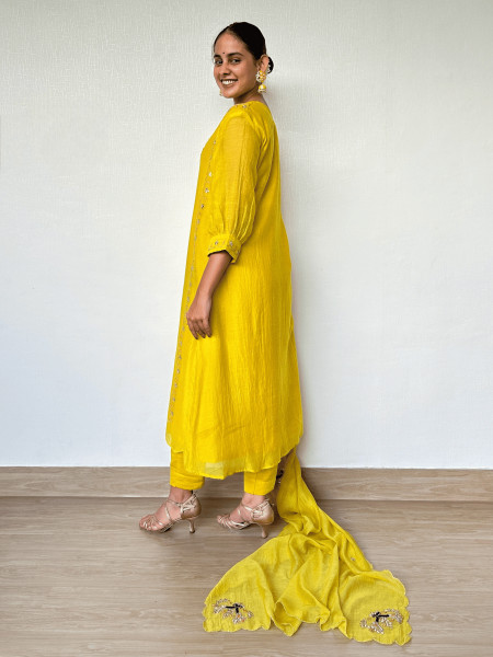 Bright Yellow Suit Set with Peacock Embroidery