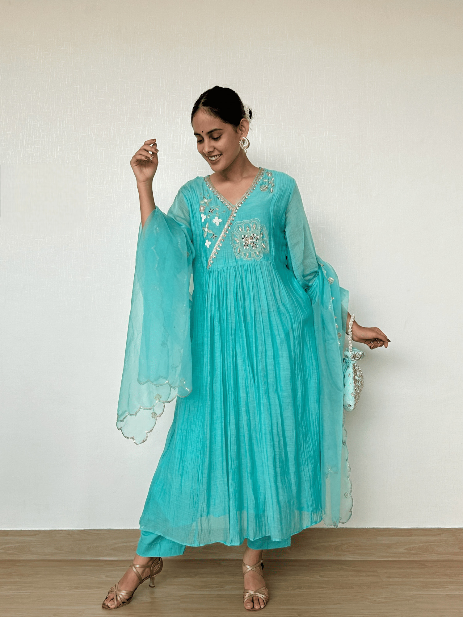 Bright Sky Blue Mul Chanderi Kurta Set
