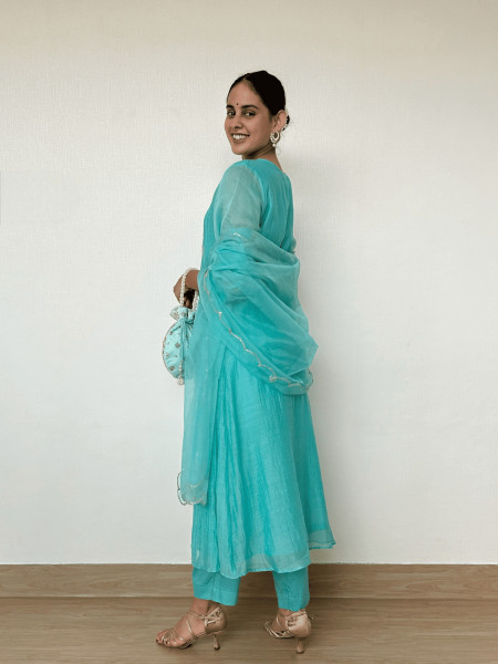 Bright Sky Blue Mul Chanderi Kurta Set