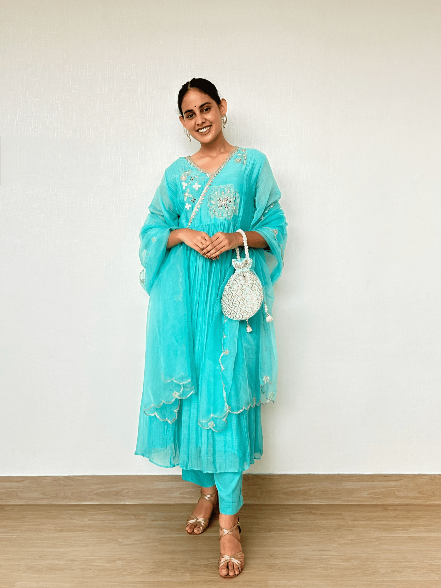 Bright Sky Blue Mul Chanderi Kurta Set