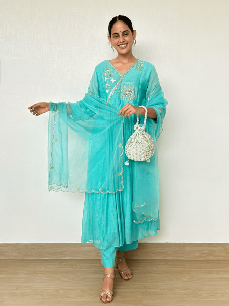 Bright Sky Blue Mul Chanderi Kurta Set