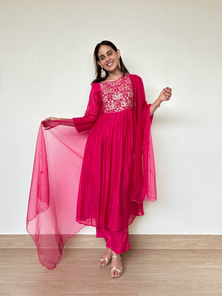 Cherry Red Mul Chanderi Suit Set