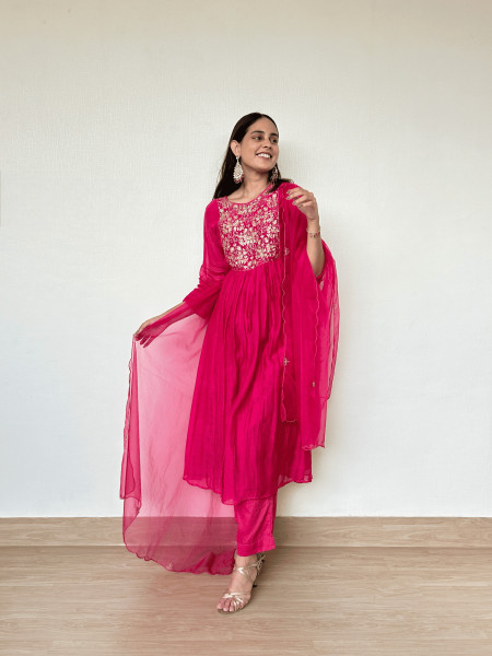 Cherry Red Mul Chanderi Suit Set