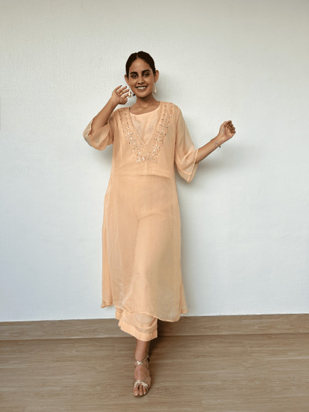 Peach Contemporary Crop Top with Flared Pants and Sheer Kurta