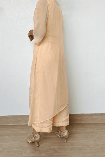 Peach Contemporary Crop Top with Flared Pants and Sheer Kurta