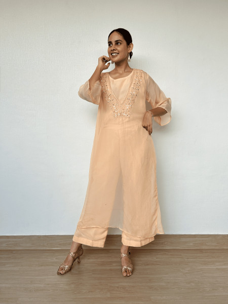 Peach Contemporary Crop Top with Flared Pants and Sheer Kurta