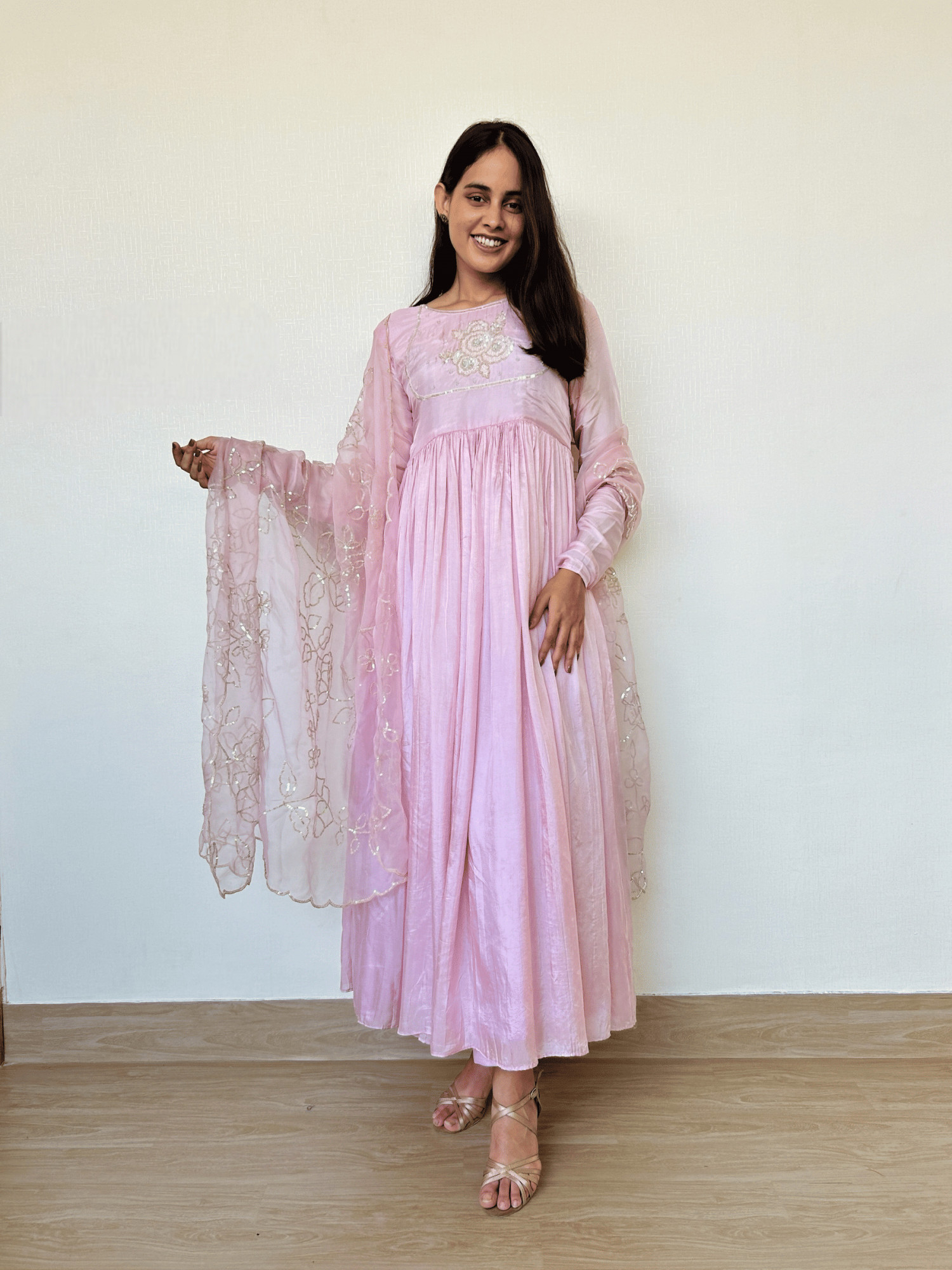 Pink Gathered Sequins Embroidered Suit Set