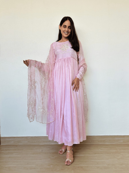 Pink Gathered Sequins Embroidered Suit Set