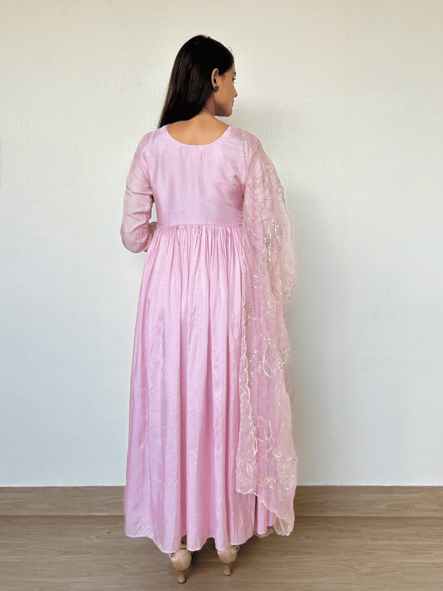 Pink Gathered Sequins Embroidered Suit Set
