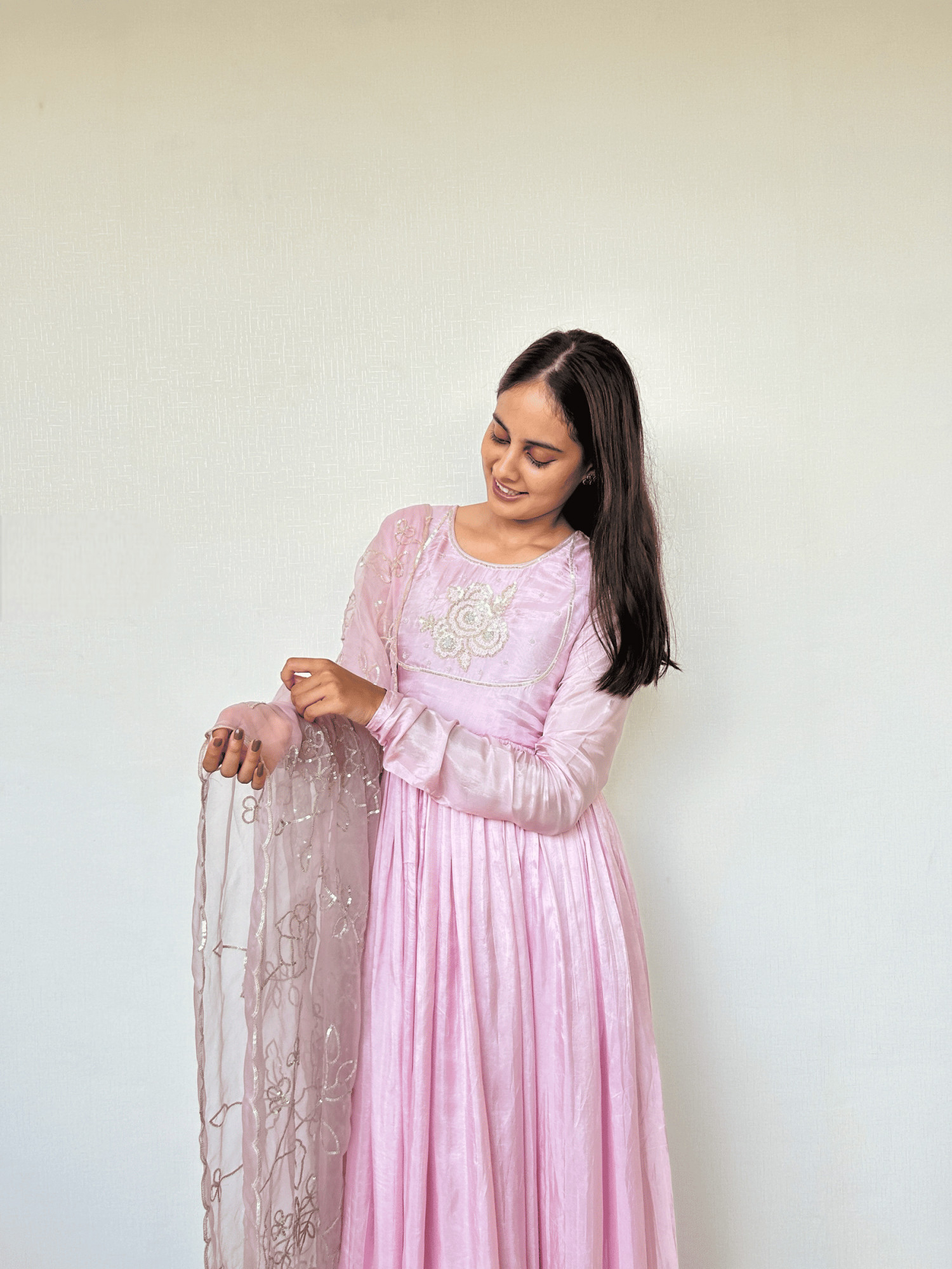 Pink Gathered Sequins Embroidered Suit Set