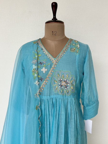 Sky Blue Mul Chanderi Kurta Set
