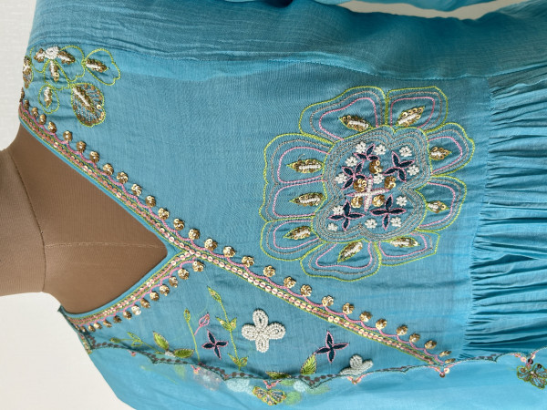 Sky Blue Mul Chanderi Kurta Set