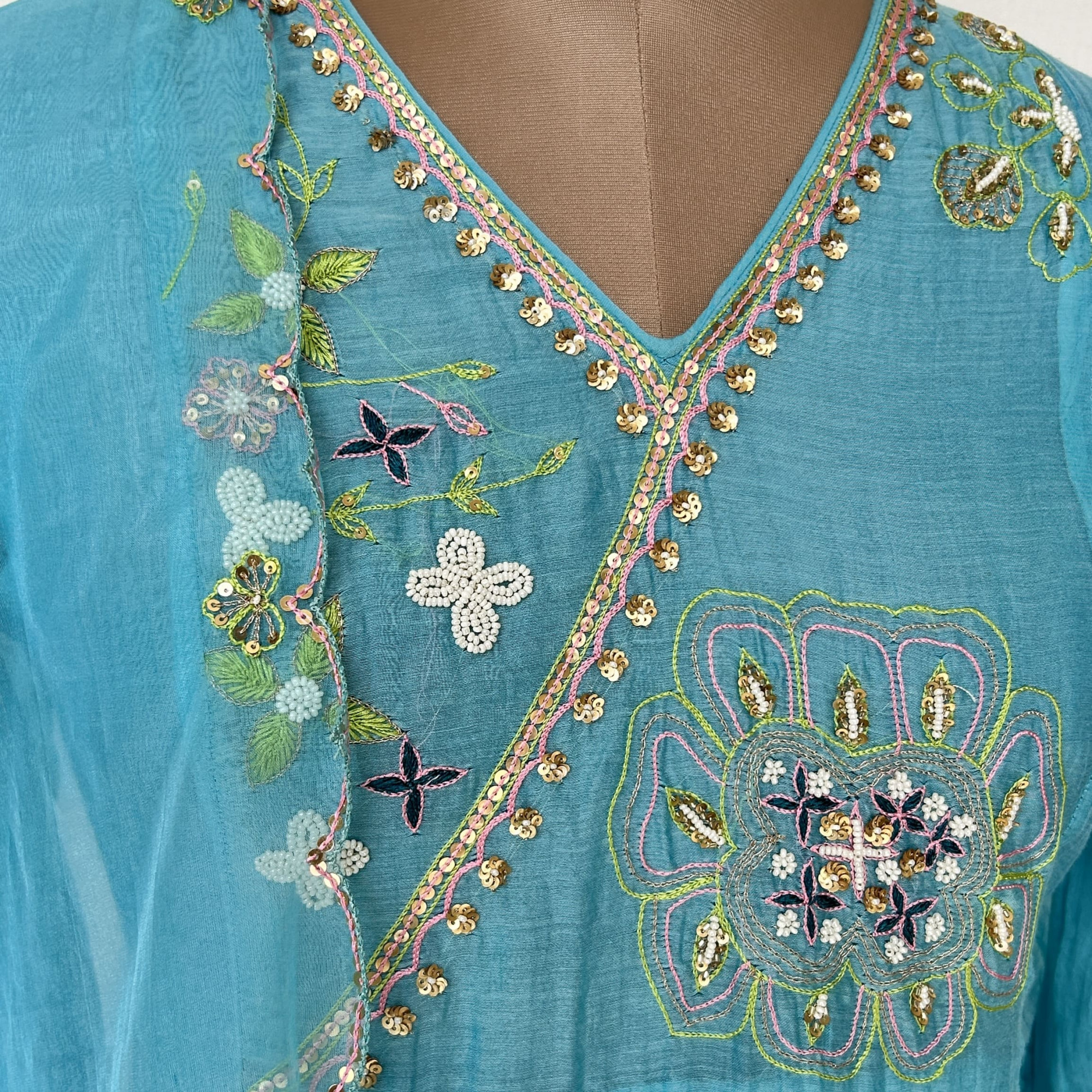 Sky Blue Mul Chanderi Kurta Set