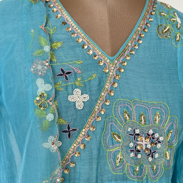 Sky Blue Mul Chanderi Kurta Set