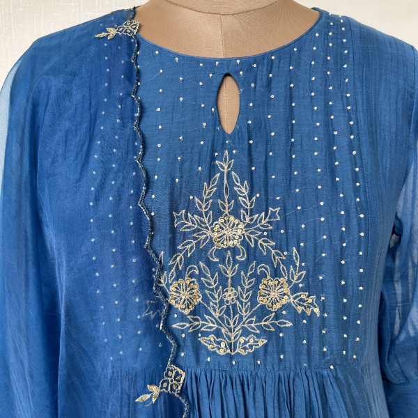 Dark Blue Mul Chanderi Hand-embroidered Kurta Set