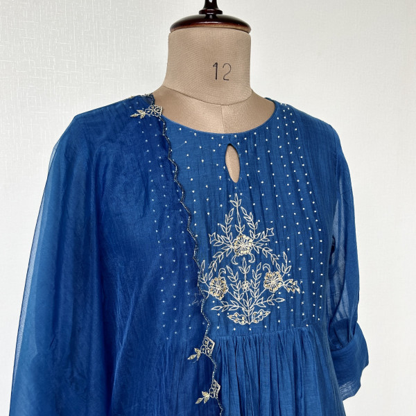 Dark Blue Mul Chanderi Hand-embroidered Kurta Set
