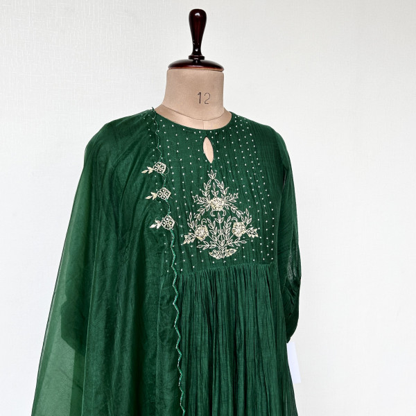 Bottle Green Mul Chanderi Kurta Set