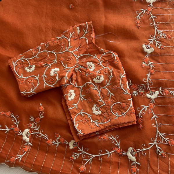 Orange Pure Organza Pearl Work Saree