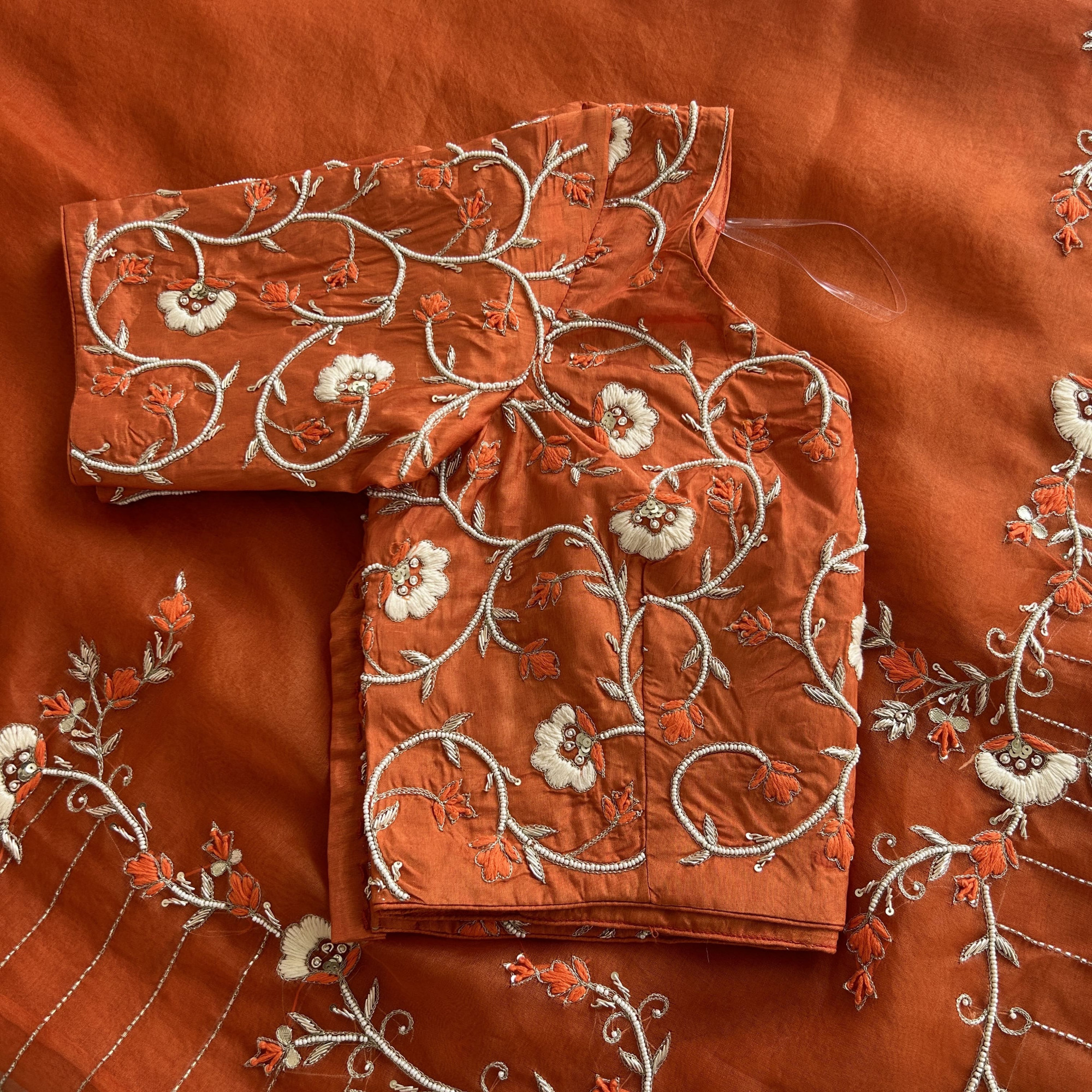 Orange Pure Organza Pearl Work Saree