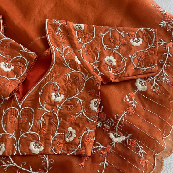 Orange Pure Organza Pearl Work Saree