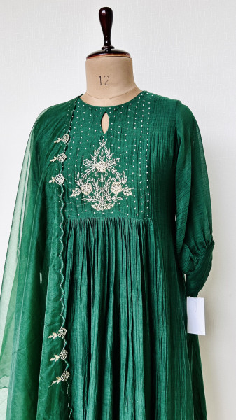 Bottle Green Mul Chanderi Kurta Set